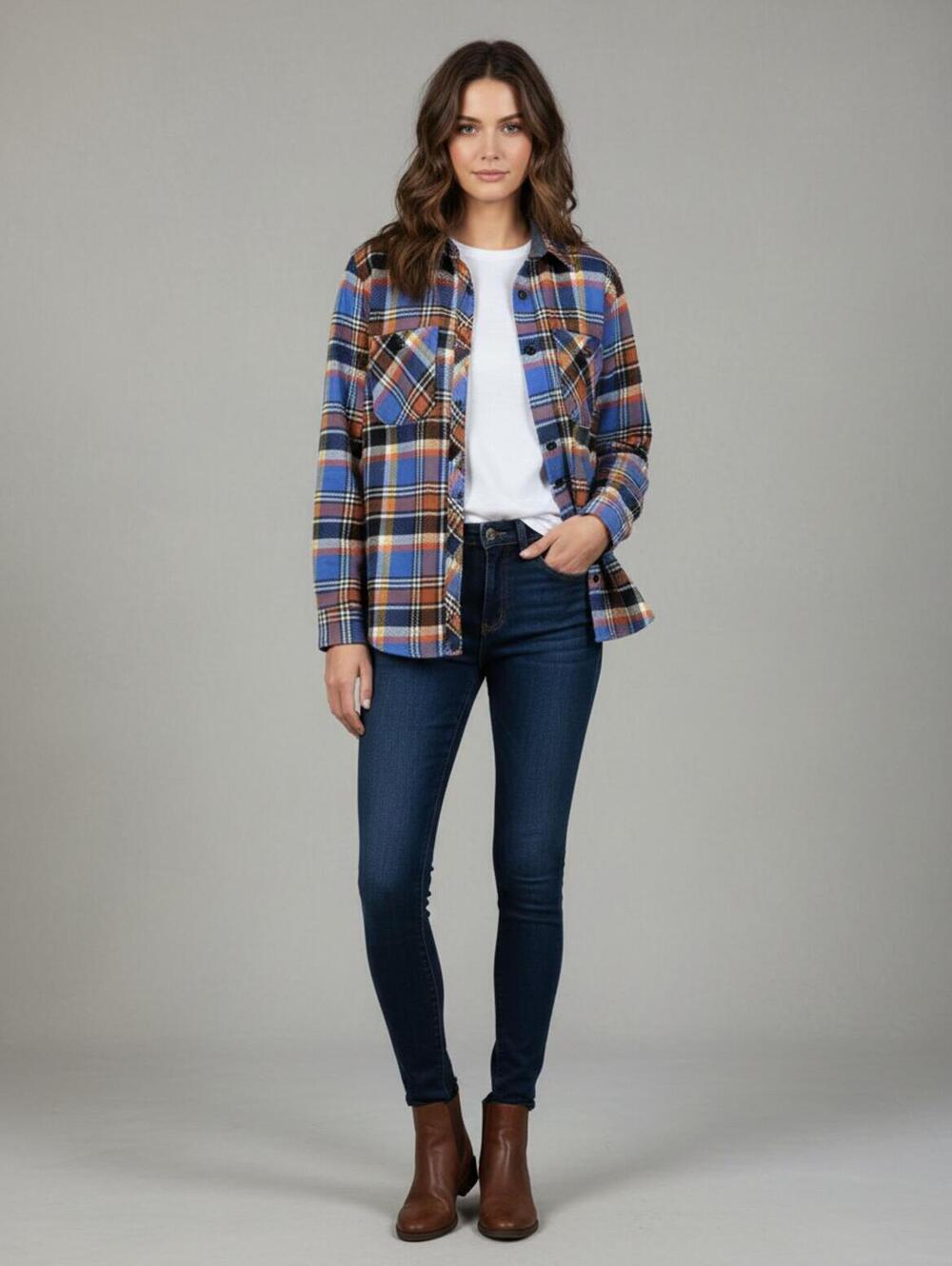 Lands' End Women's Blue and Orange Plaid Flannel Shirt Size S